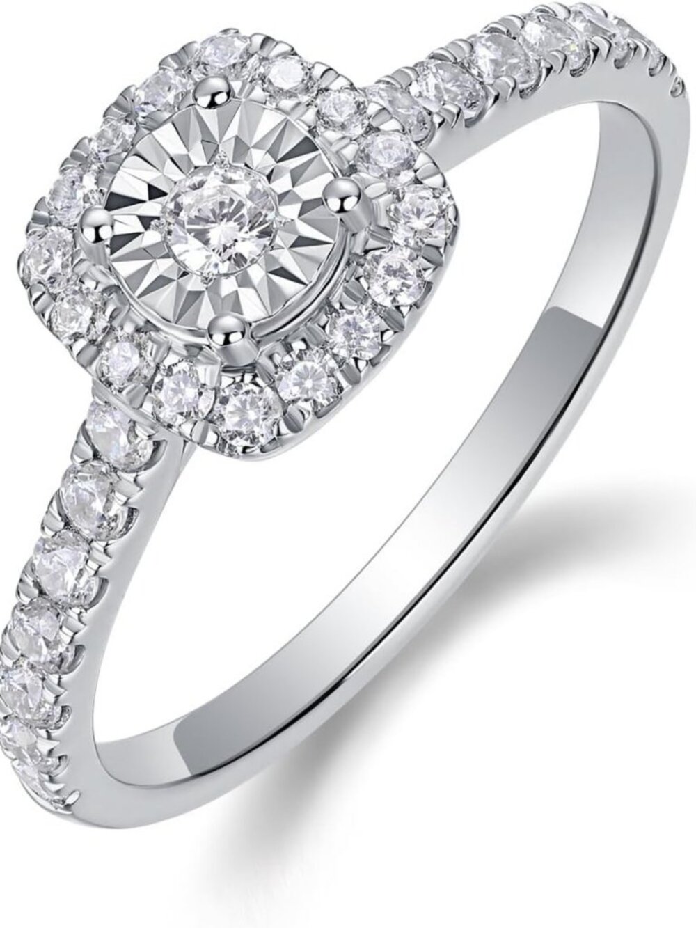 Stunning Halo Lab Grown Diamond Engagement Ring in Sterling Silver, Pave Band